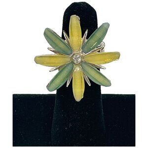 Adjustable Yellow & Green Flower Ring With Rhinestone Center